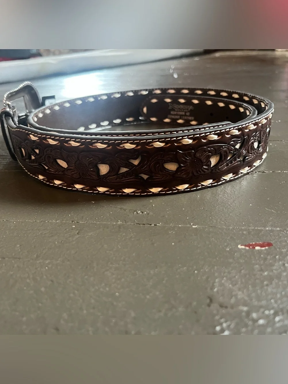Nocona Dark Brown Tooled Leather Belt with Cream Inlay
